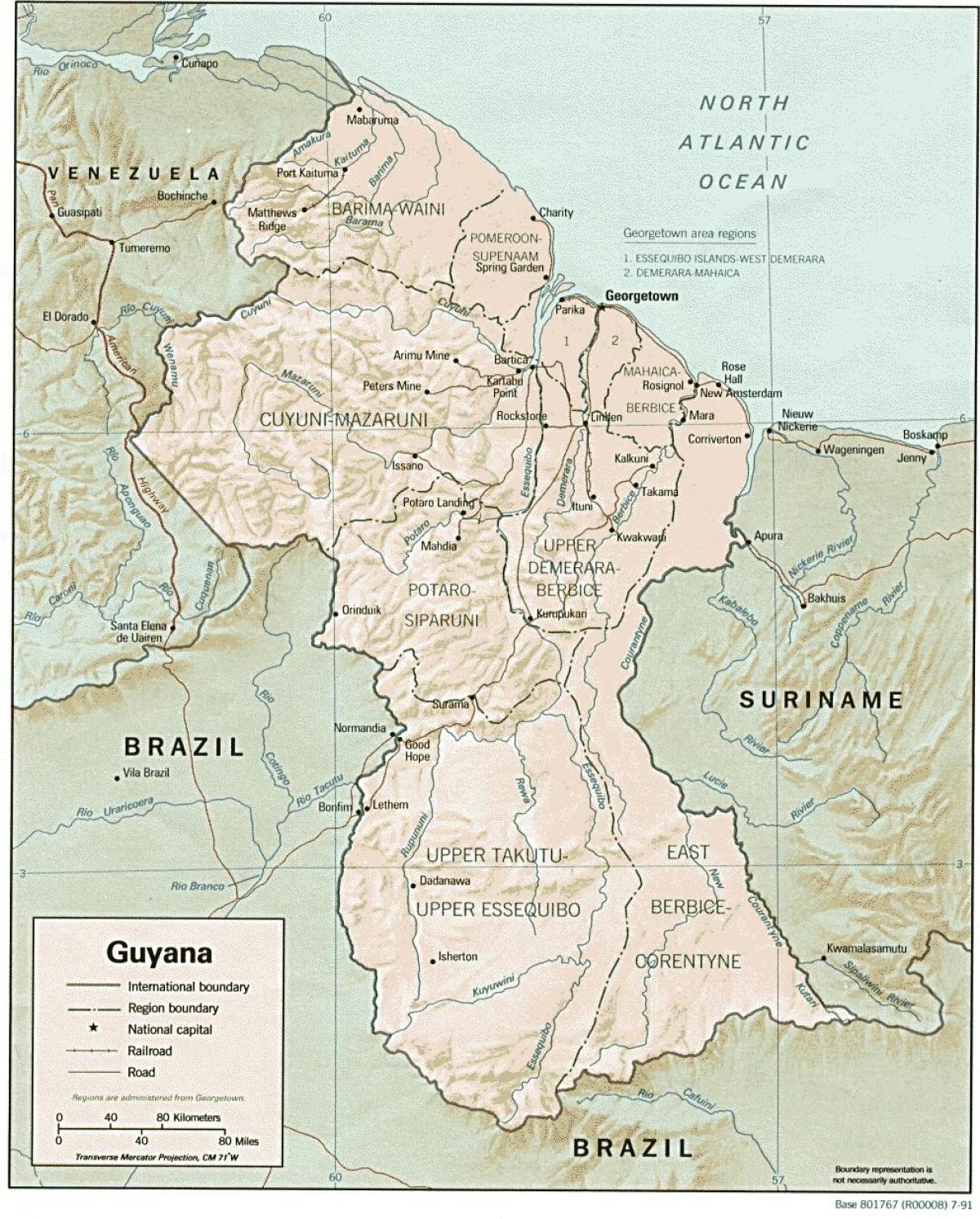 mapa de Güiana mostrando os tres condados