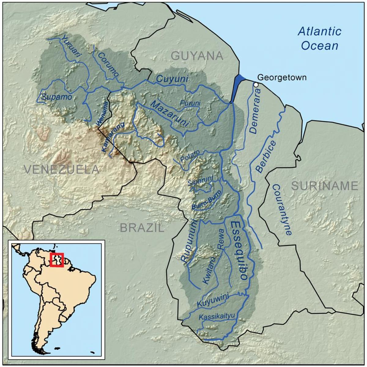 mapa de Güiana mostrando os tres principais ríos