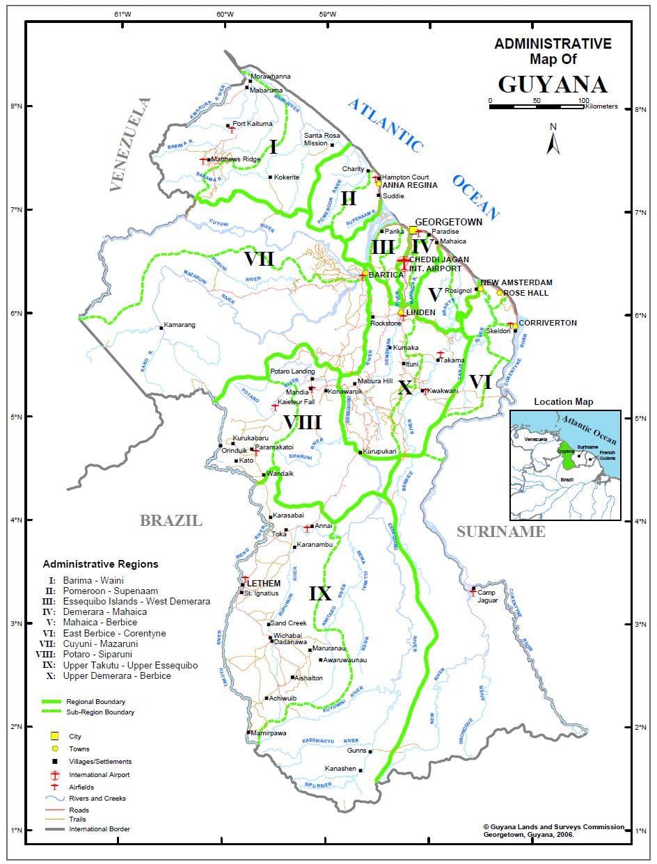 mapa de Güiana mostrando rexións