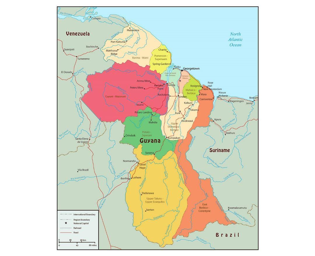 mapa de Güiana mostrando 10 rexións administrativas