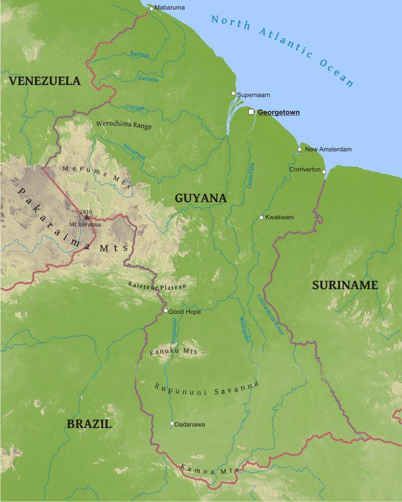 mapa de Güiana mostrando a baixa chaira costeira