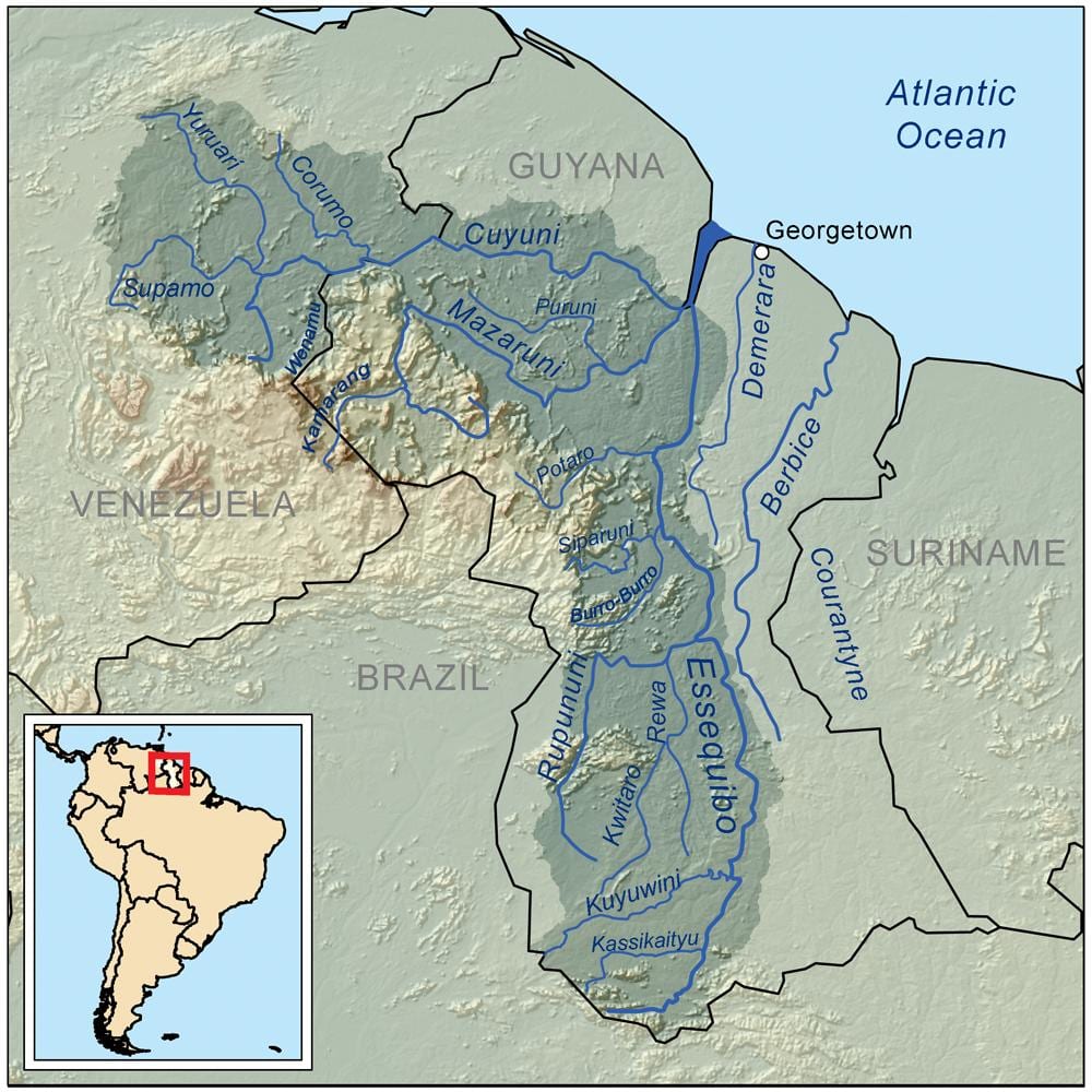 mapa de Güiana mostrando ríos