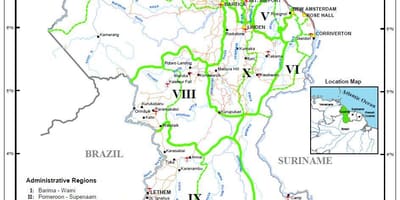 Mapa de Güiana mostrando rexións