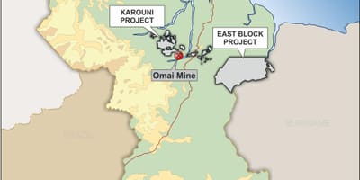Mapa de Güiana mostrando recursos minerais