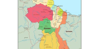Mapa de Güiana mostrando 10 rexións administrativas